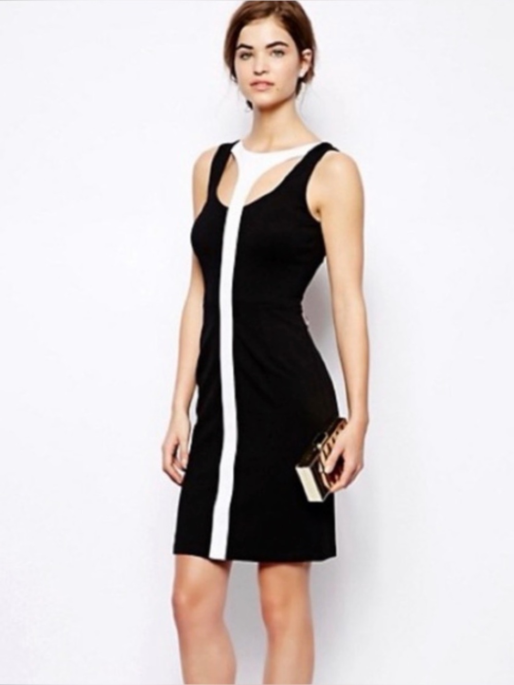 BCBG MaxAzria Black & White Fitted Midi Dress Full Back Zipper Peekaboo Front